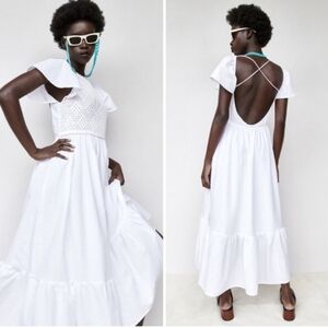 Zara White Scoop Neck Flutter Sleeve Midi Dress Size Medium